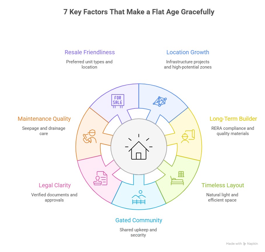 Circular mind map titled 7 Key Factors That Make a Flat Age Gracefully,showing essential elements for Trichy home buyers.