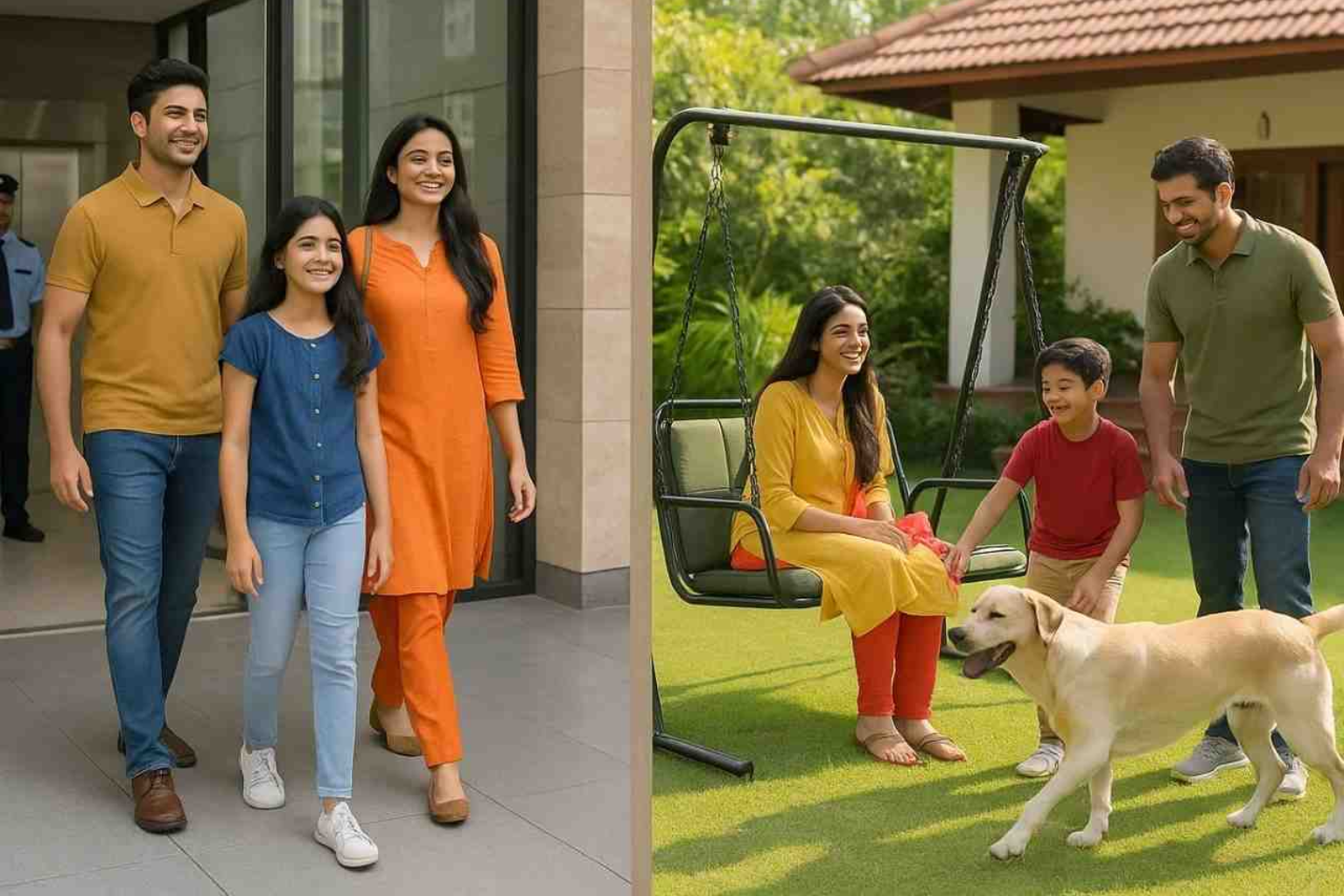 A family entering an apartment and another family enjoying an independent house in Trichy, showing apartment vs independent house lifestyle in Trichy.
