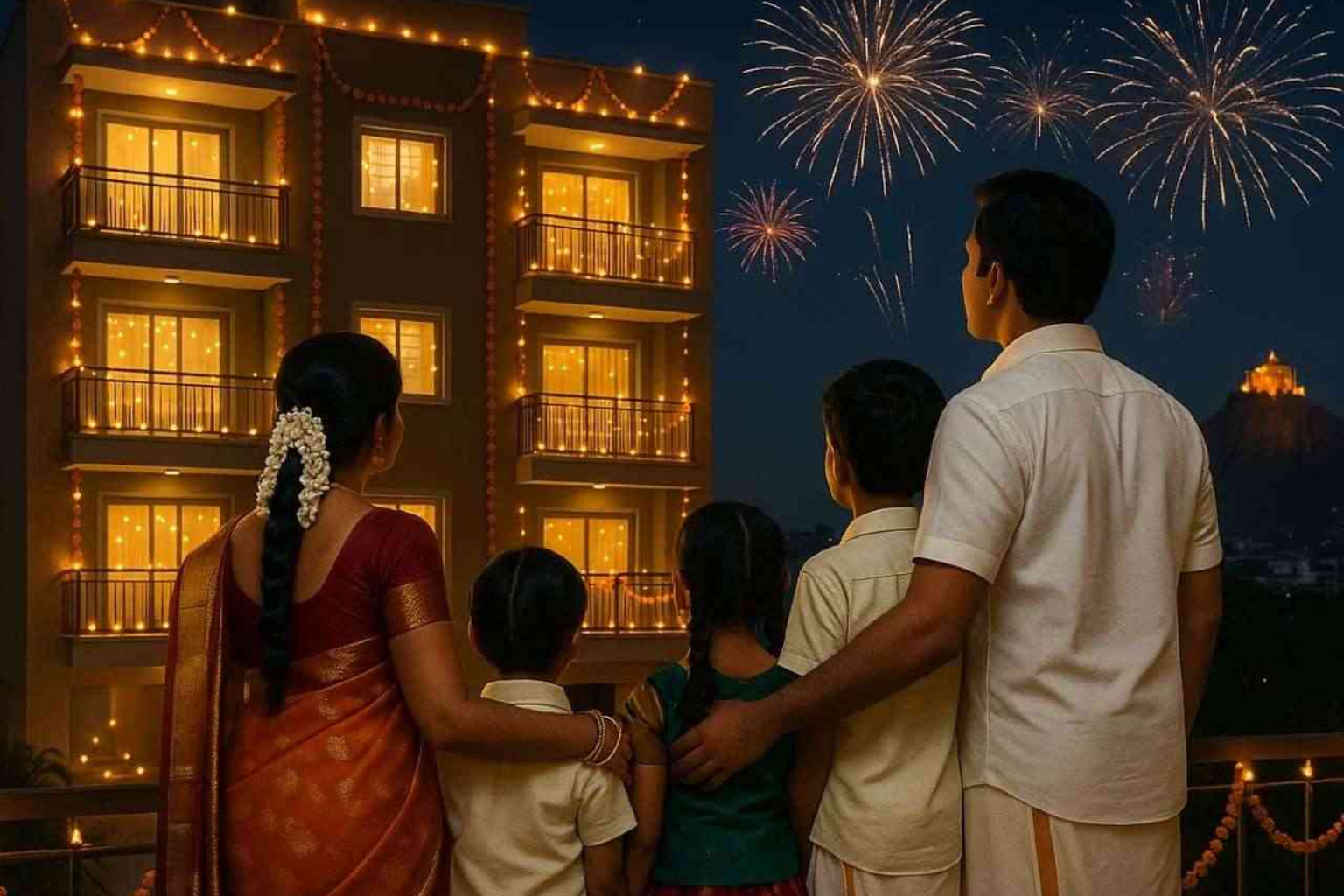 Family in Trichy looking at their new flat decorated with festive lights made possible through festive season home loan offers.