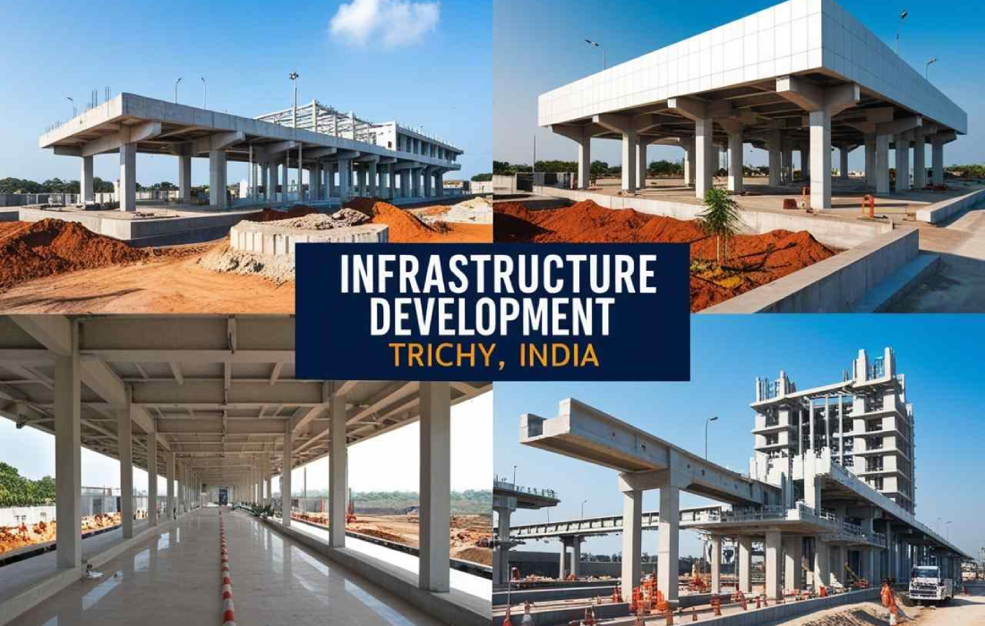 Ongoing major infrastructure development projects in Trichy, including modern transit hubs and elevated roadways, driving real estate growth in Tamil Nadu.