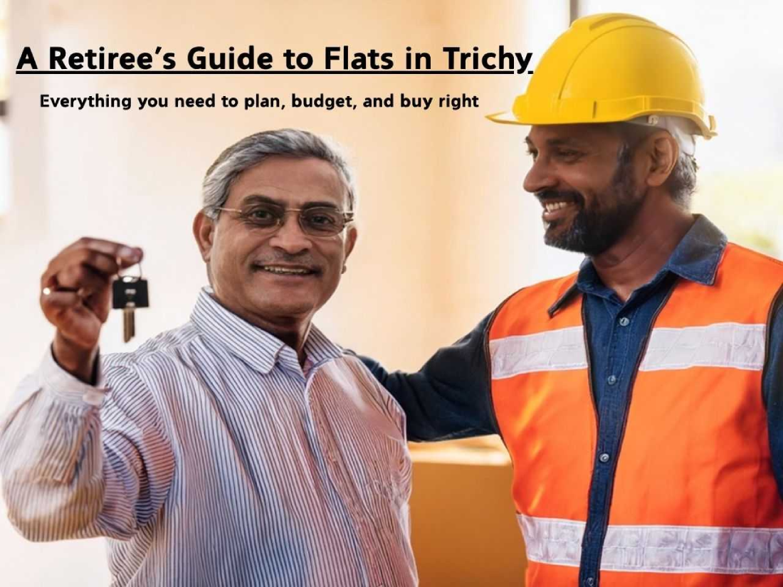 Elderly man in his 60s showing a new house key at a construction site in Trichy, with a smiling contractor beside him symbolizing apartment buying after retirement.