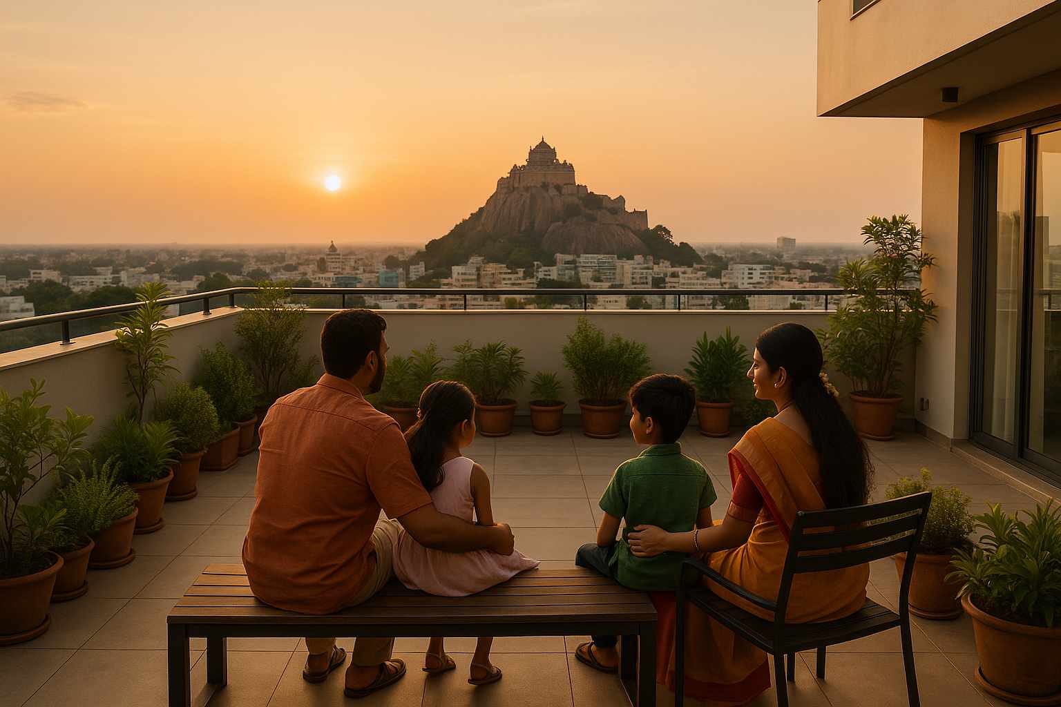 South Indian family enjoying sunset in a modern rooftop garden in Trichy with Rockfort Temple in the background, symbolizing heritage and modern living.