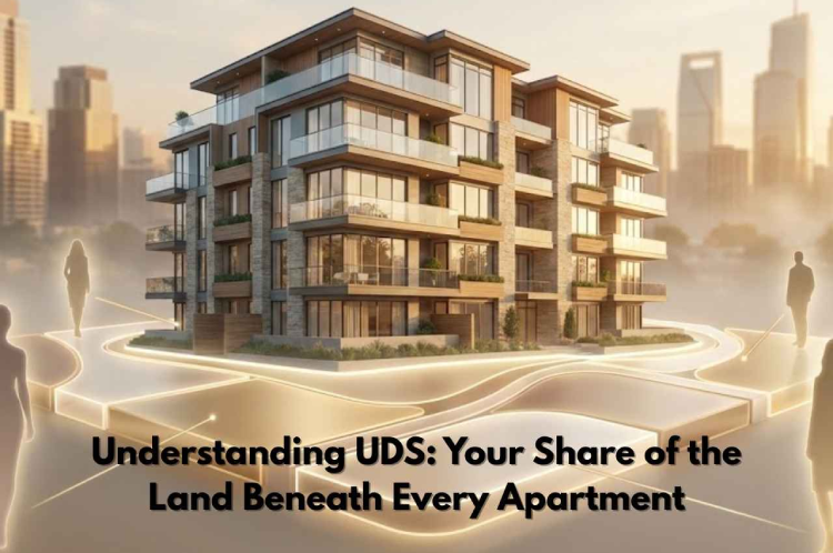 Modern apartment building with glowing land segments below, symbolizing the undivided share of land (UDS) owned by each buyer.
