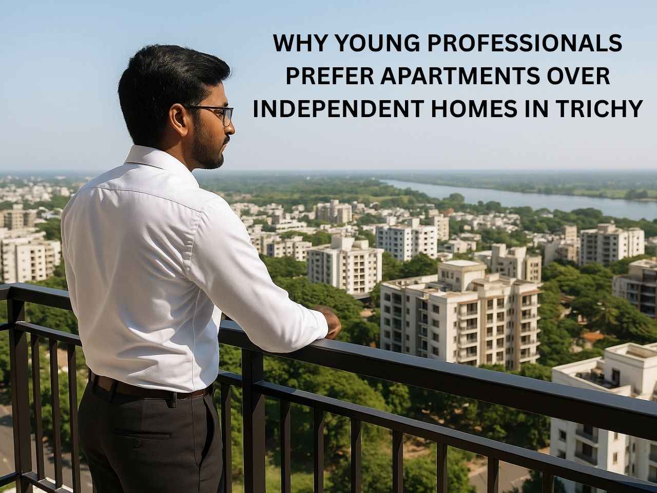 Young Indian professional in formal attire standing on a high-rise apartment balcony in Trichy, overlooking modern flats and the Kaveri River, with text overlay stating “Why Young Professionals Prefer Apartments in Trichy.