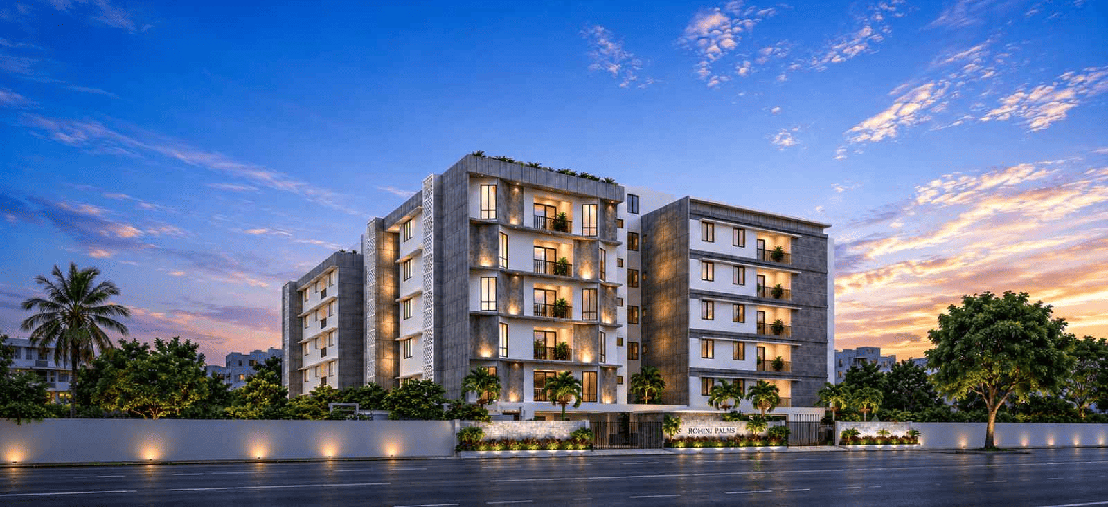 Rohini Palms Apartments in Trichy featuring modern premium residential apartments with landscaped surroundings at dusk
Title Attribute: Rohini Palms Apartments Trichy