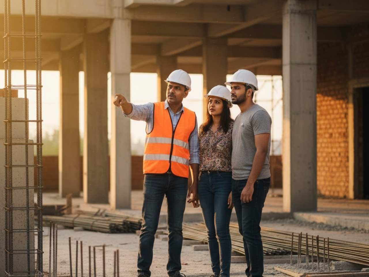 Homebuyers inspecting construction quality with an engineer at a residential building site in Trichy