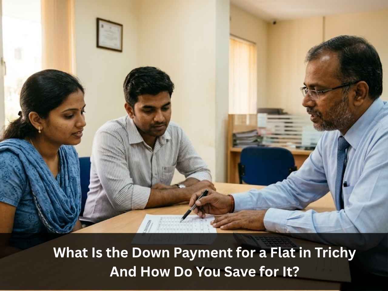 Young Indian couple discussing home loan down payment with a bank officer in Trichy.