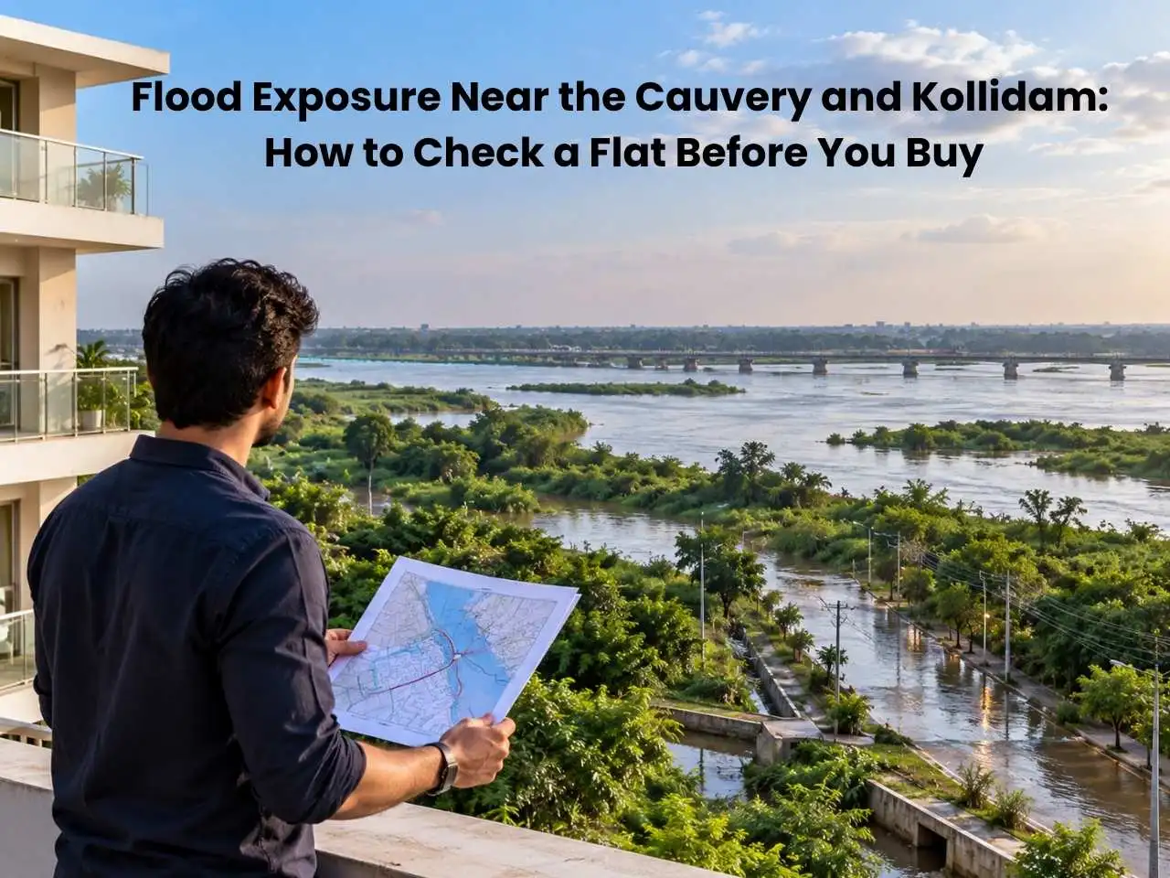 Cauvery river with green banks, a riverside road and distant bridge illustrating flood risk for flat buyers in Trichy