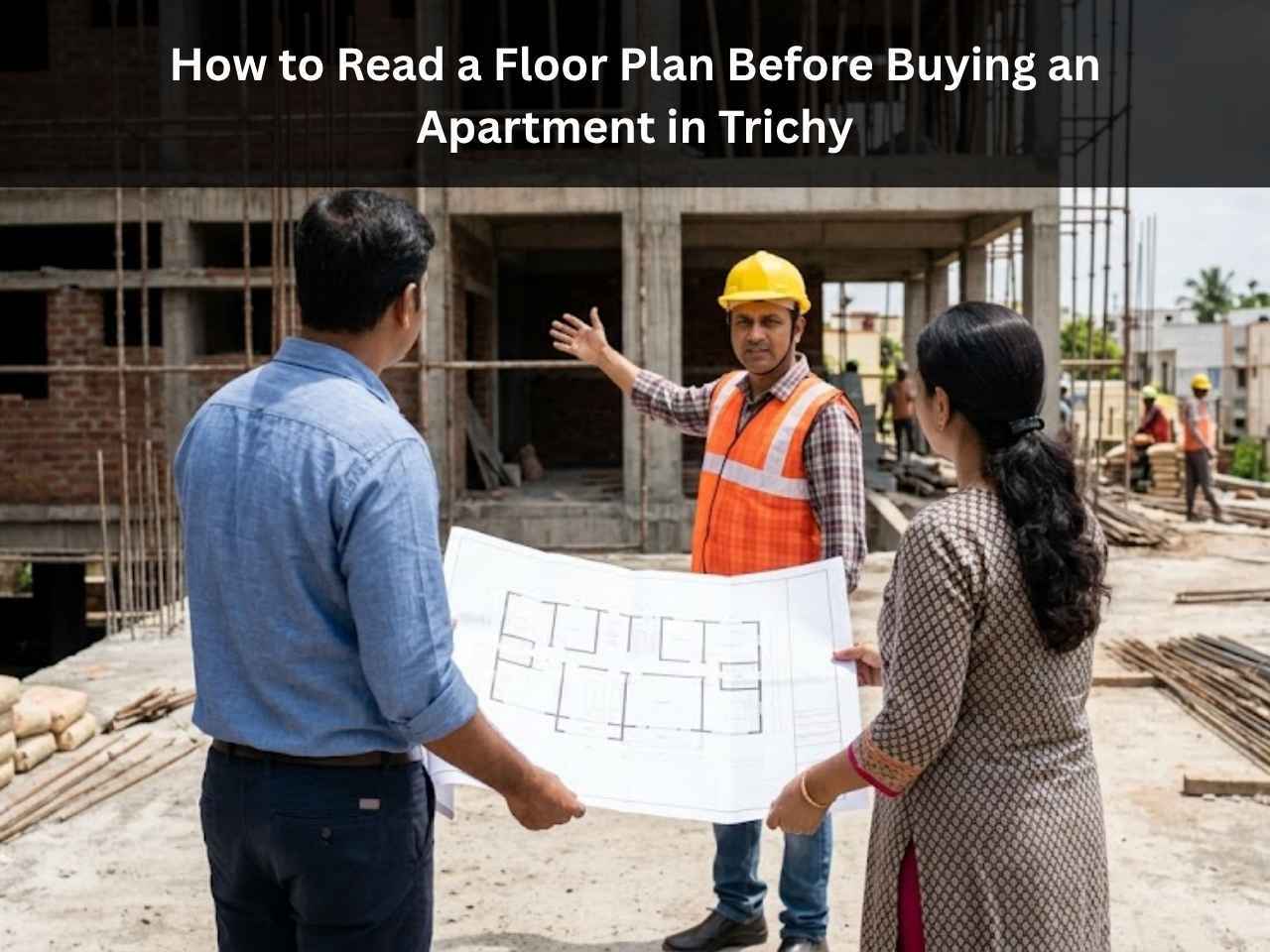 Couple reviewing a floor plan with a site engineer at a half-constructed flat in Trichy