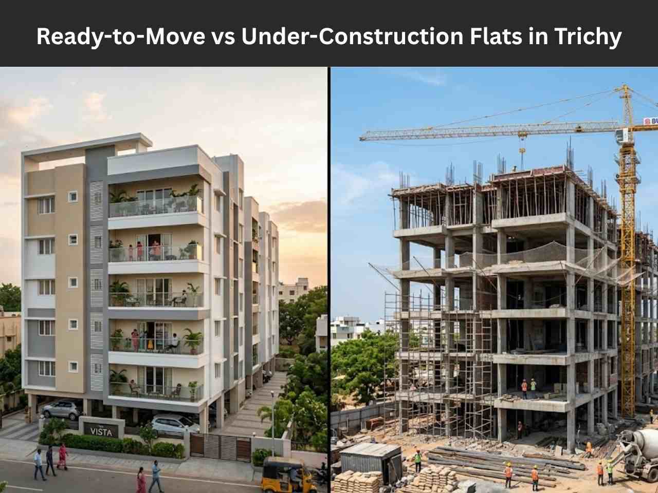 Split visual comparing a finished ready-to-move apartment building and an under-construction apartment tower in Trichy