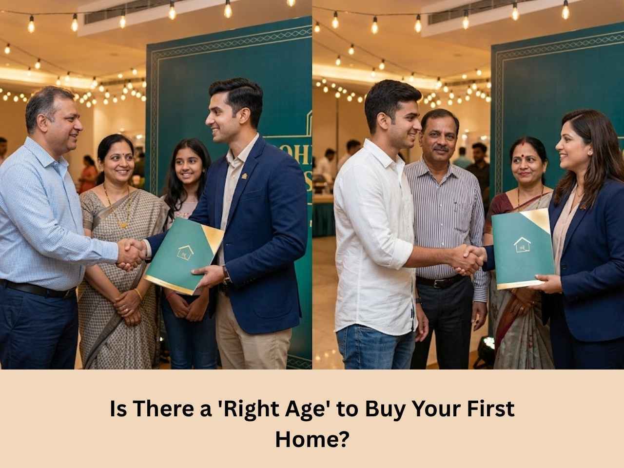 Two families shaking hands with Rohini Housing team at apartment launch event in Trichy.