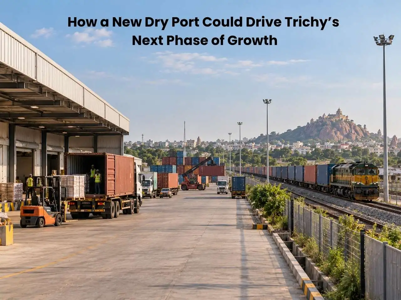 Trichy dry port with cargo containers, trucks and railway freight near the city skyline.