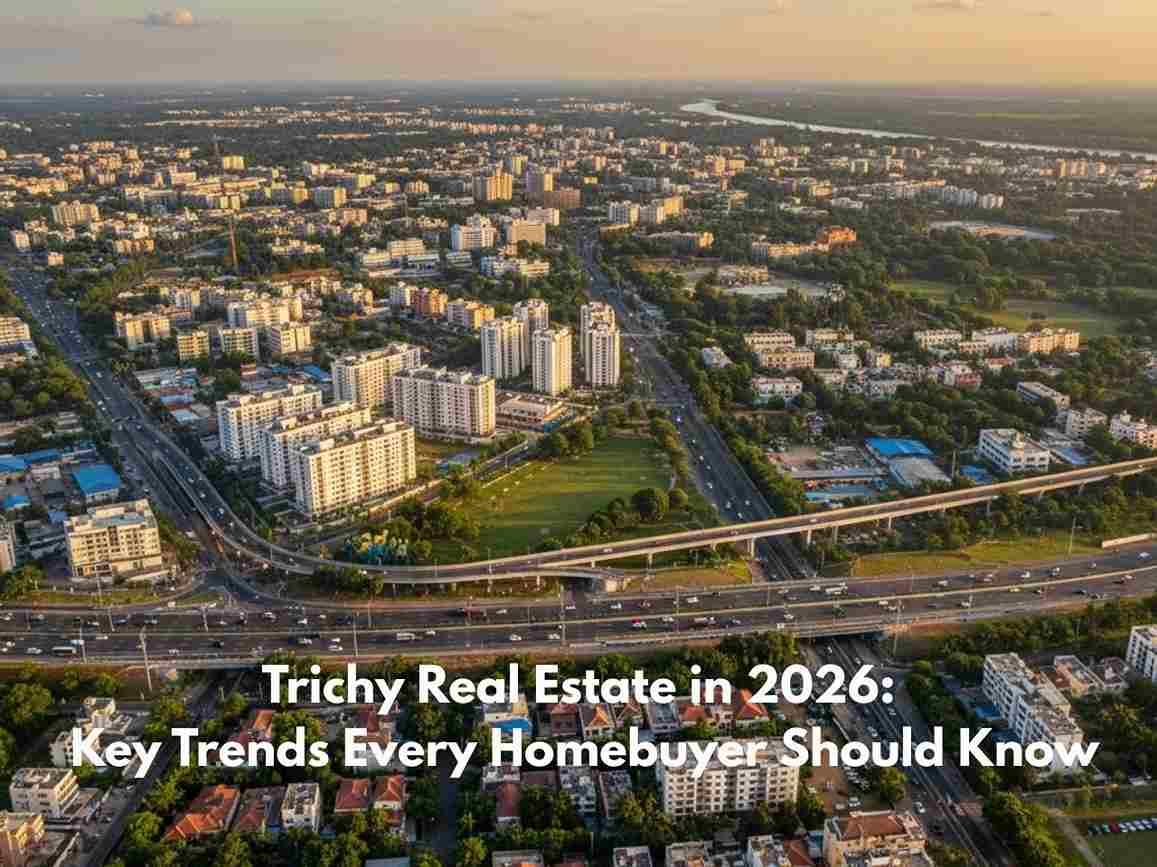 Drone view of Trichy showing residential apartments and highways highlighting real estate growth and urban development in 2026.