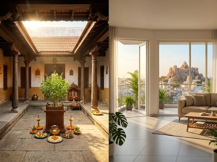 Traditional Tamil courtyard home beside a modern Trichy apartment with Rock Fort view, representing Vaastu and modern design