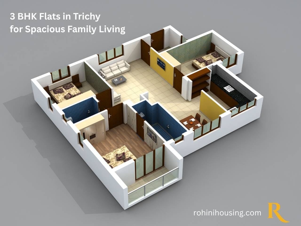 An image of 3 BHK flats in Trichy by Rohini Housing for spacious family living