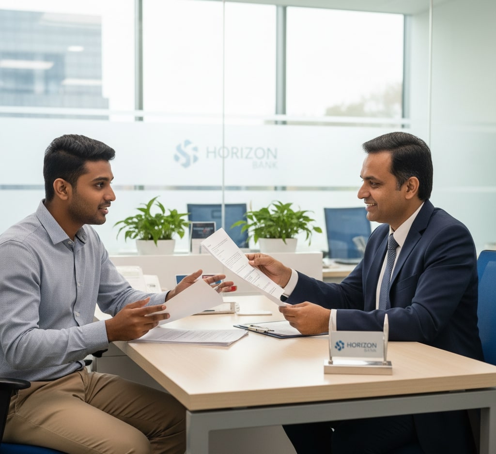 Homebuyer discussing the home loan process with a bank employee for guidance on loan options in Trichy.