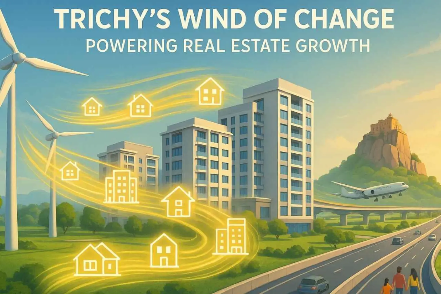 Wind turbines powering Trichy's real estate growth with apartments, flyover, airport, and Rockfort Temple in a bright futuristic cityscape.