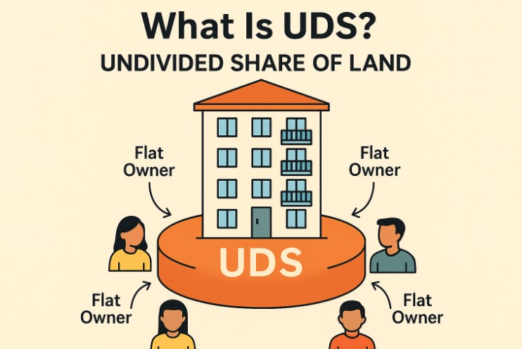 Flat-style infographic showing an apartment building and multiple flat owners sharing the same UDS land portion beneath.